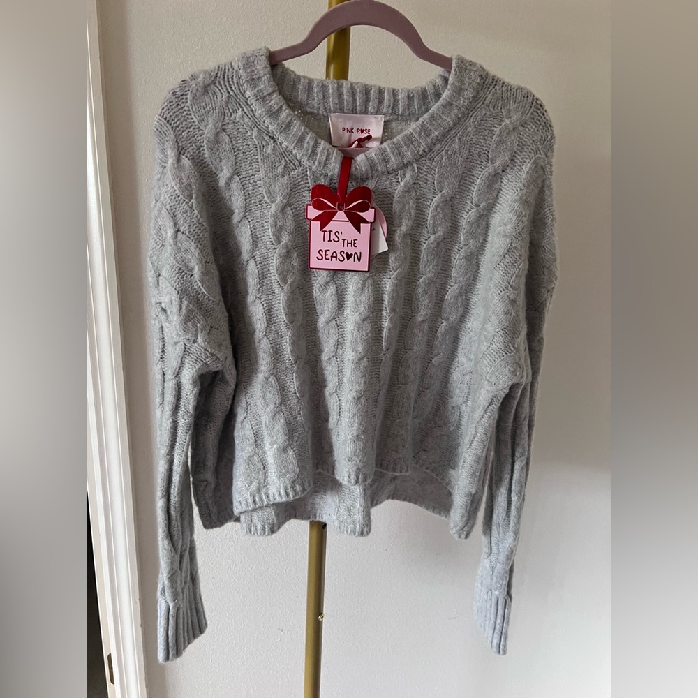 Pink Rose Light Gray Cable Knit Crop Women Sweater Large NWT